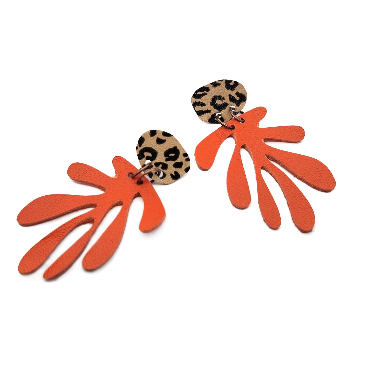 Orange Leather Leafy Earrings