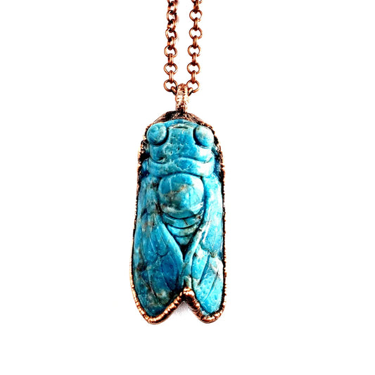 Blue Apatite Carved Cicada Necklace