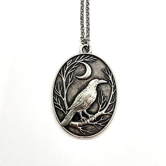 Raven and Crescent Moon Antique Silver Pendant Necklace