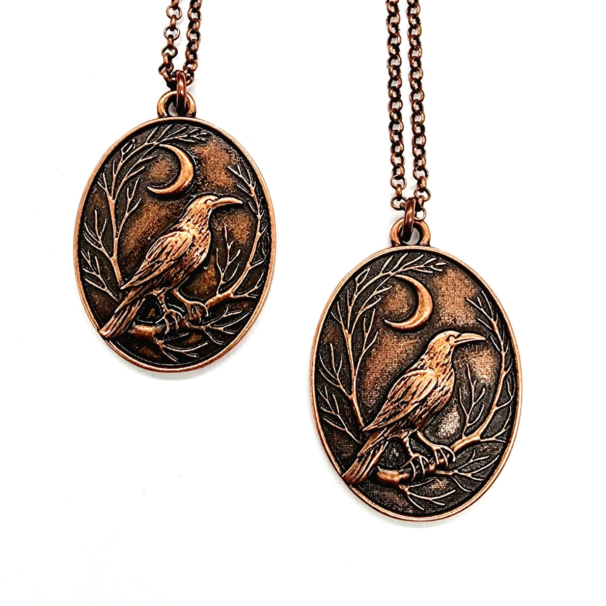 Raven and Crescent Moon Copper Pendant Necklace