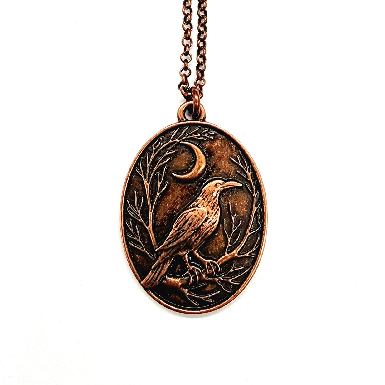 Raven and Crescent Moon Copper Pendant Necklace