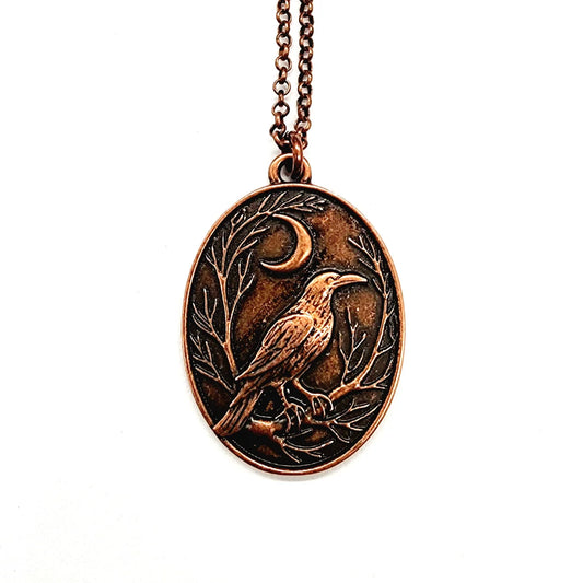 Raven and Crescent Moon Copper Pendant Necklace