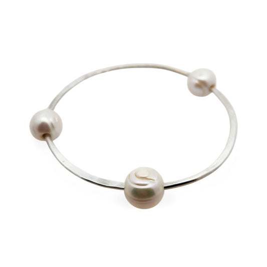 Silver Bangle with Three Freshwater Pearls