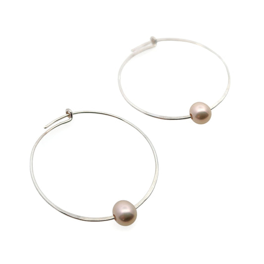 Silver Hoop Earrings with Pink Freshwater Pearls