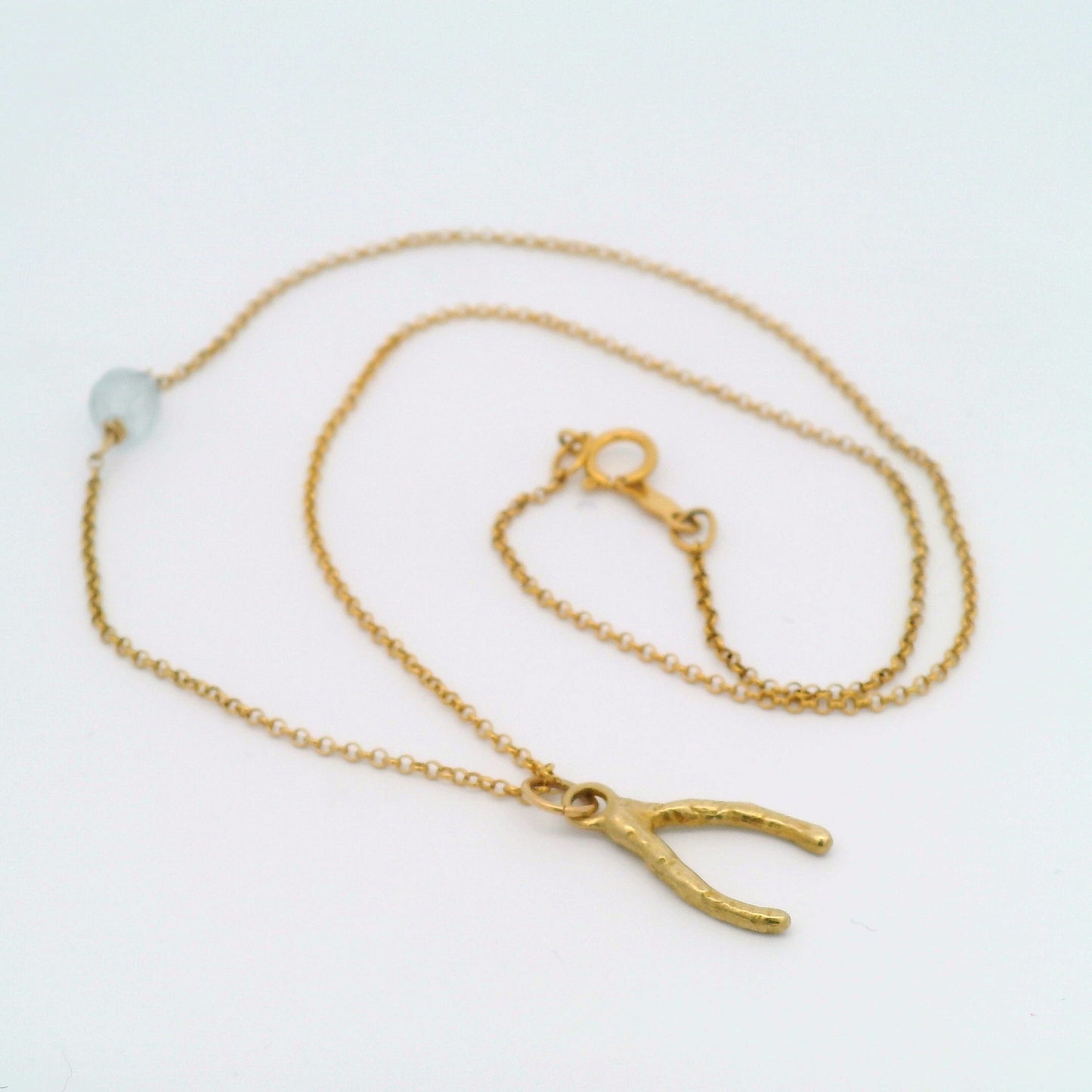 Gold Aquamarine Wishbone Pendant
