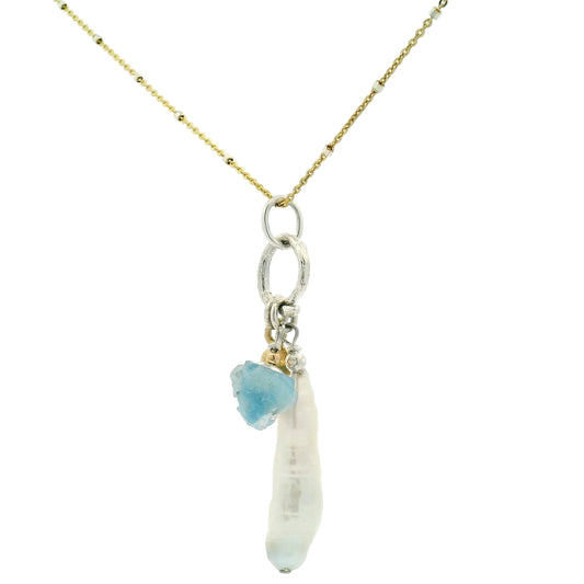 Long Pearl Aquamarine Charm Pendant