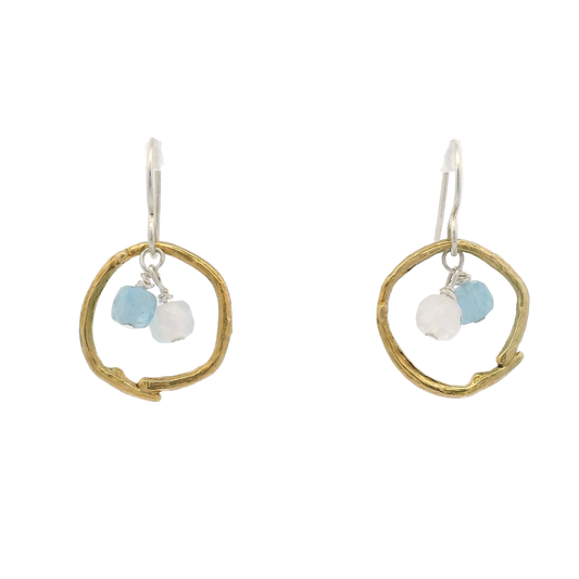 Silver and Bronze Aquamarine Branch Circle Earrings