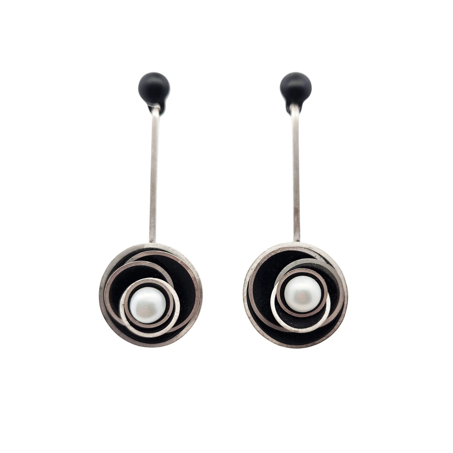 Silver & Black Sculptural Flower Drop Earrings