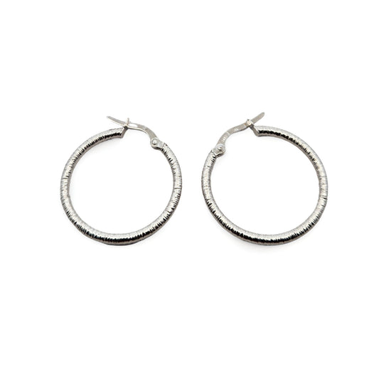 14k White Gold Textured Hoops