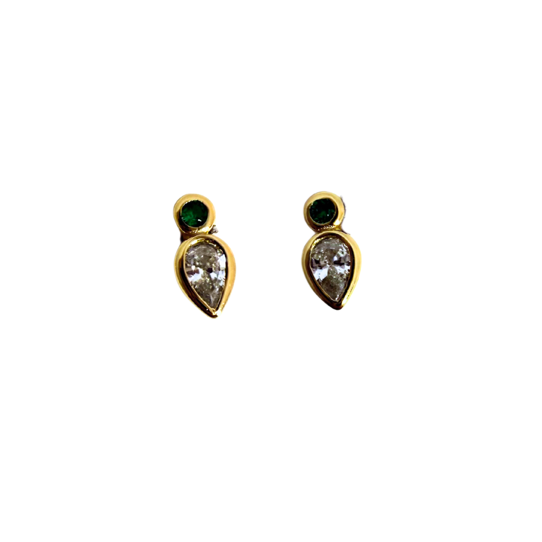 Round Emerald & Pear CZ Stud Earrings