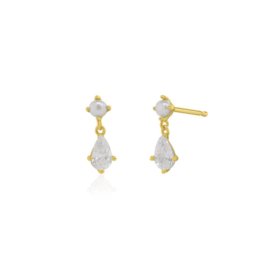 Freshwater Pearl & Pear CZ Dangle Stud Earrings