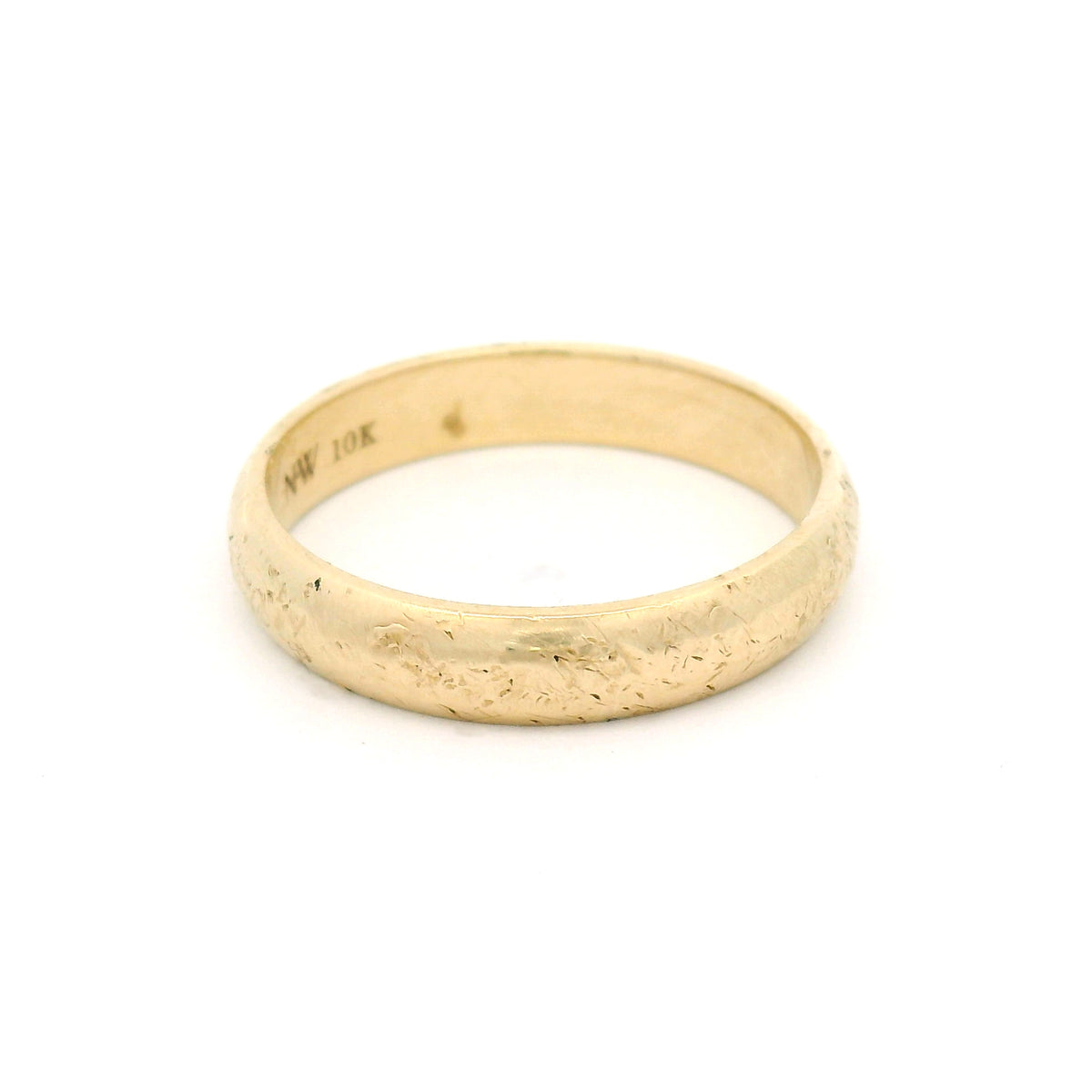 10K yellow gold 4mm wedding band featuring a softly domed profile, straight edges and a rough organic textured finish.