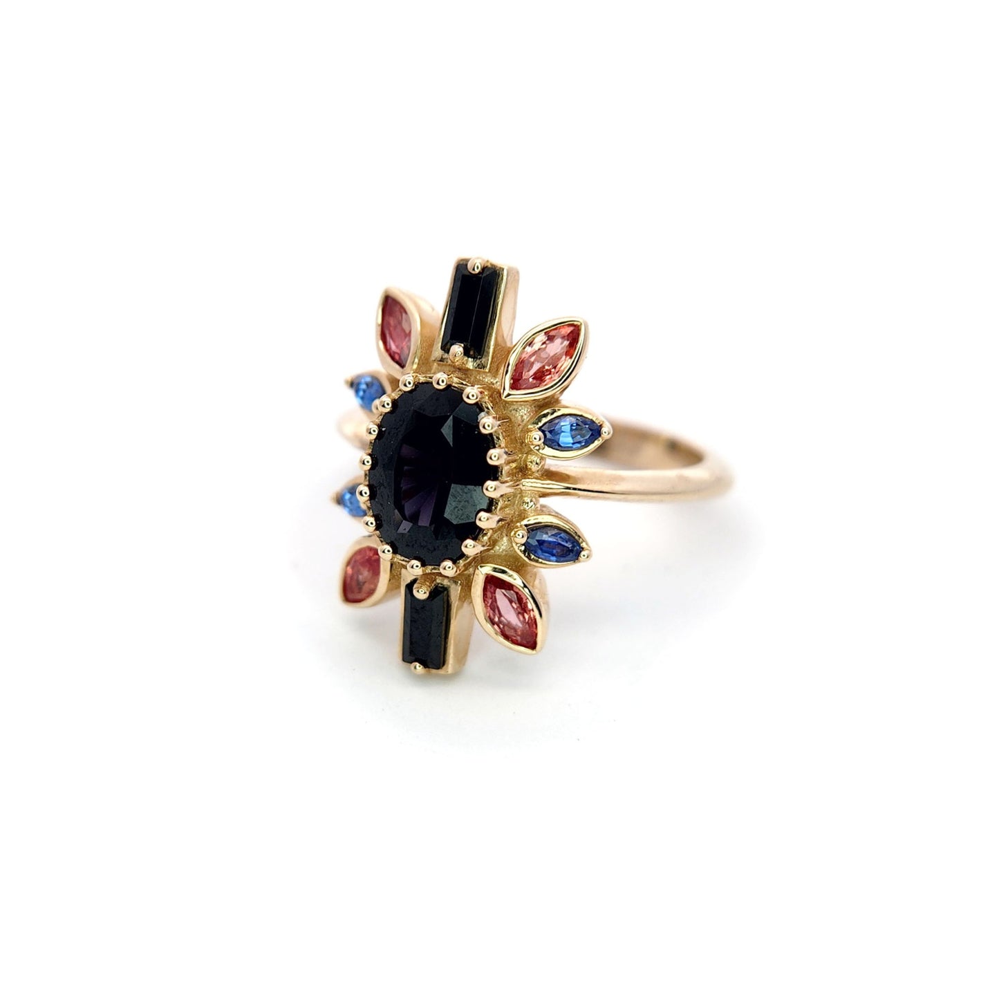 Nox - 14k Yellow Ballerina Ring with 1.4ct Dark Purple Spinel, Accent Sapphires and Spinels