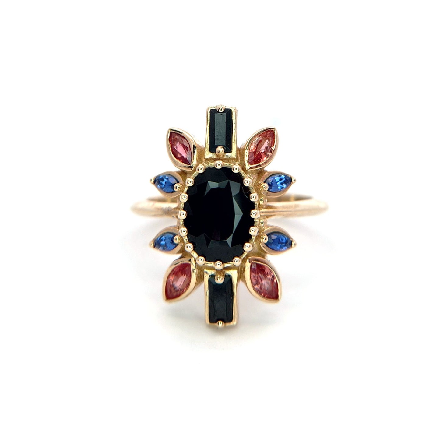 Nox - 14k Yellow Ballerina Ring with 1.4ct Dark Purple Spinel, Accent Sapphires and Spinels