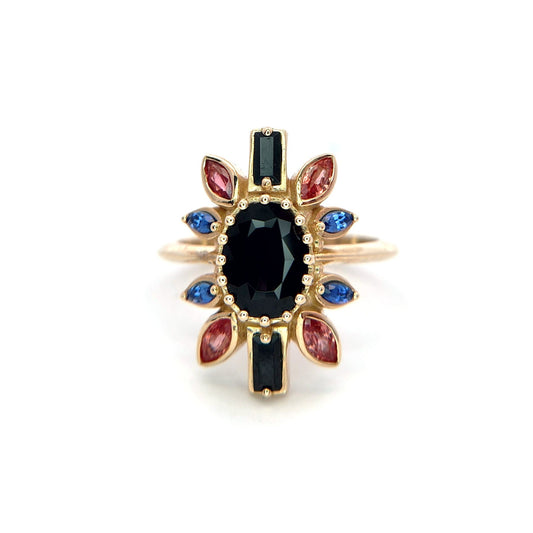 Nox - 14k Yellow Ballerina Ring with 1.4ct Dark Purple Spinel, Accent Sapphires and Spinels