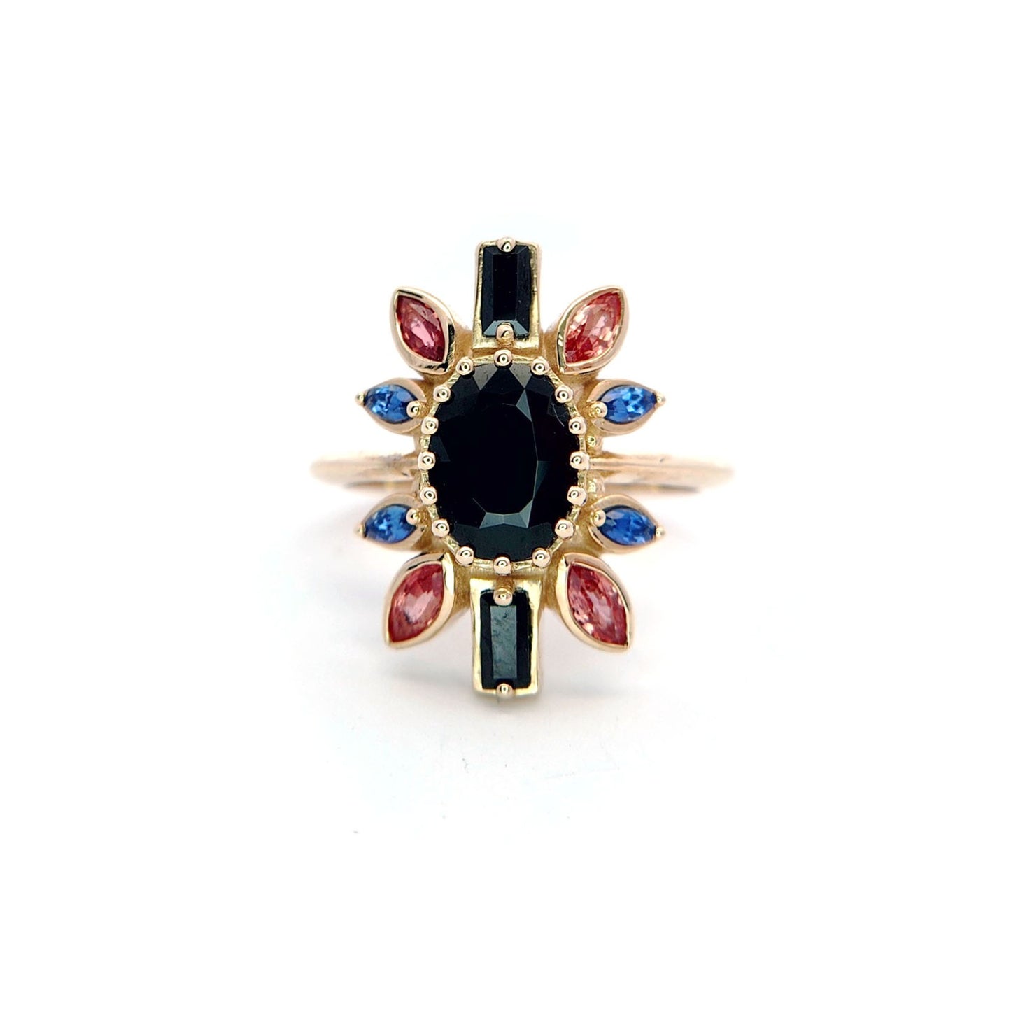 Nox - 14k Yellow Ballerina Ring with 1.4ct Dark Purple Spinel, Accent Sapphires and Spinels
