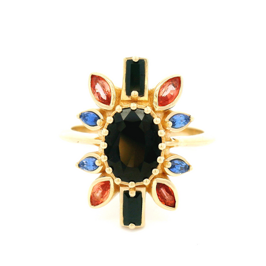 14k Yellow Ballerina Ring with 1.4ct Dark Purple Spinel, Accent Sapphires and Spinels