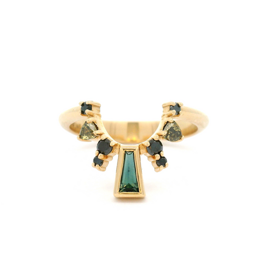 14k Yellow Contour Band with 0.12ct Green Sapphire Baguette and Accent Coloured Diamonds