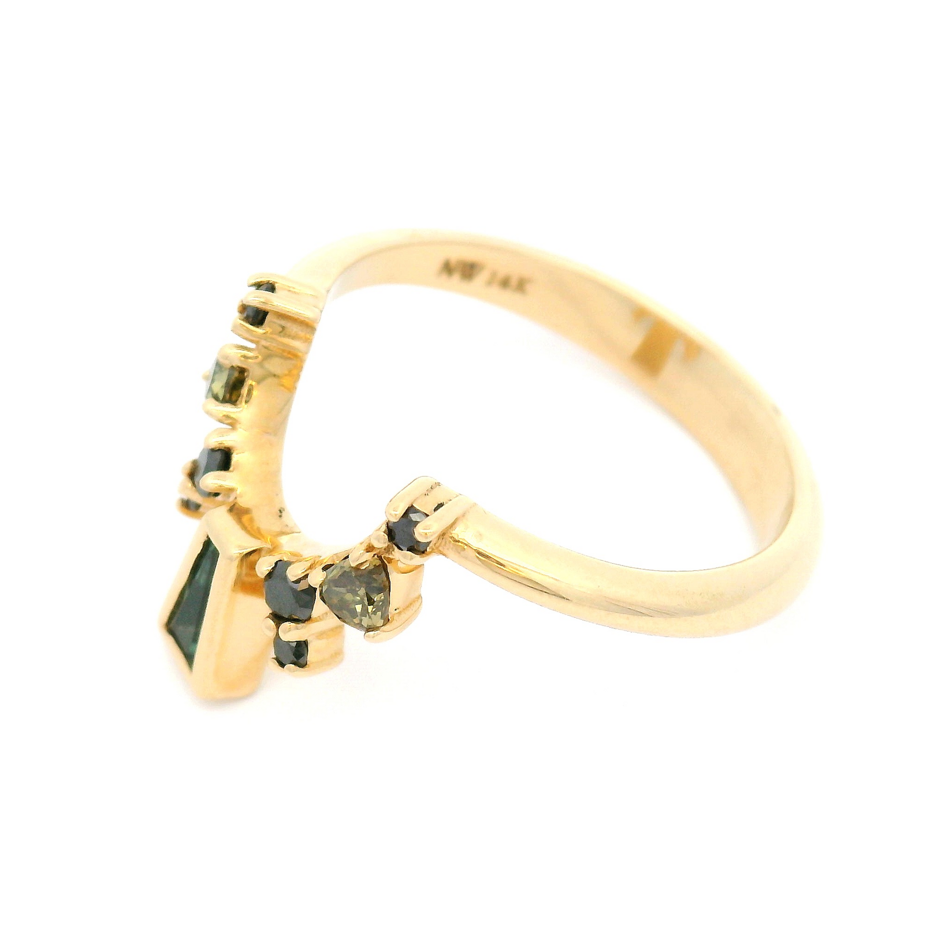 14k Yellow Contour Band with 0.12ct Green Sapphire Baguette and Accent Coloured Diamonds