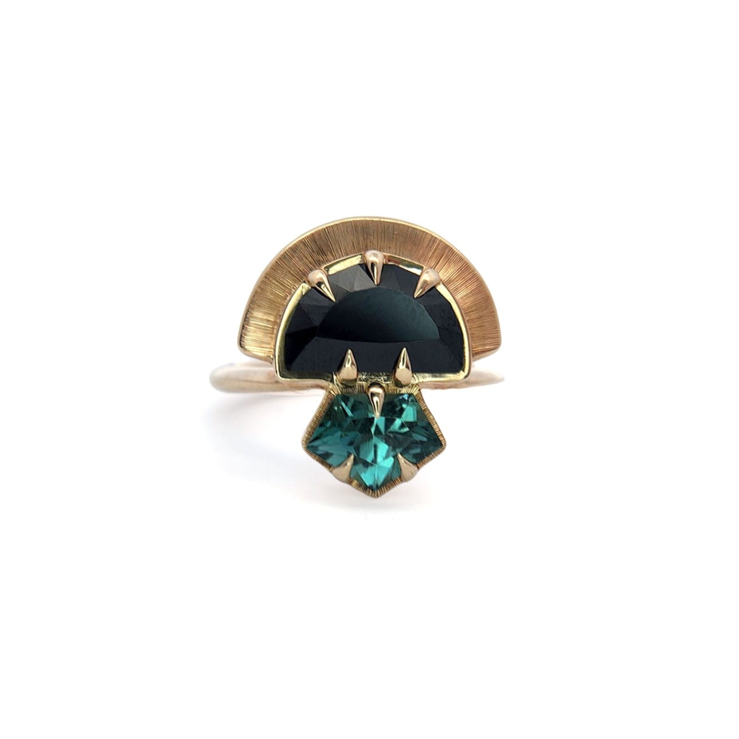 Yzma - 10k Yellow 2.52ct Black Spinel and 0.99ct Mint Tourmaline Crowned Ring