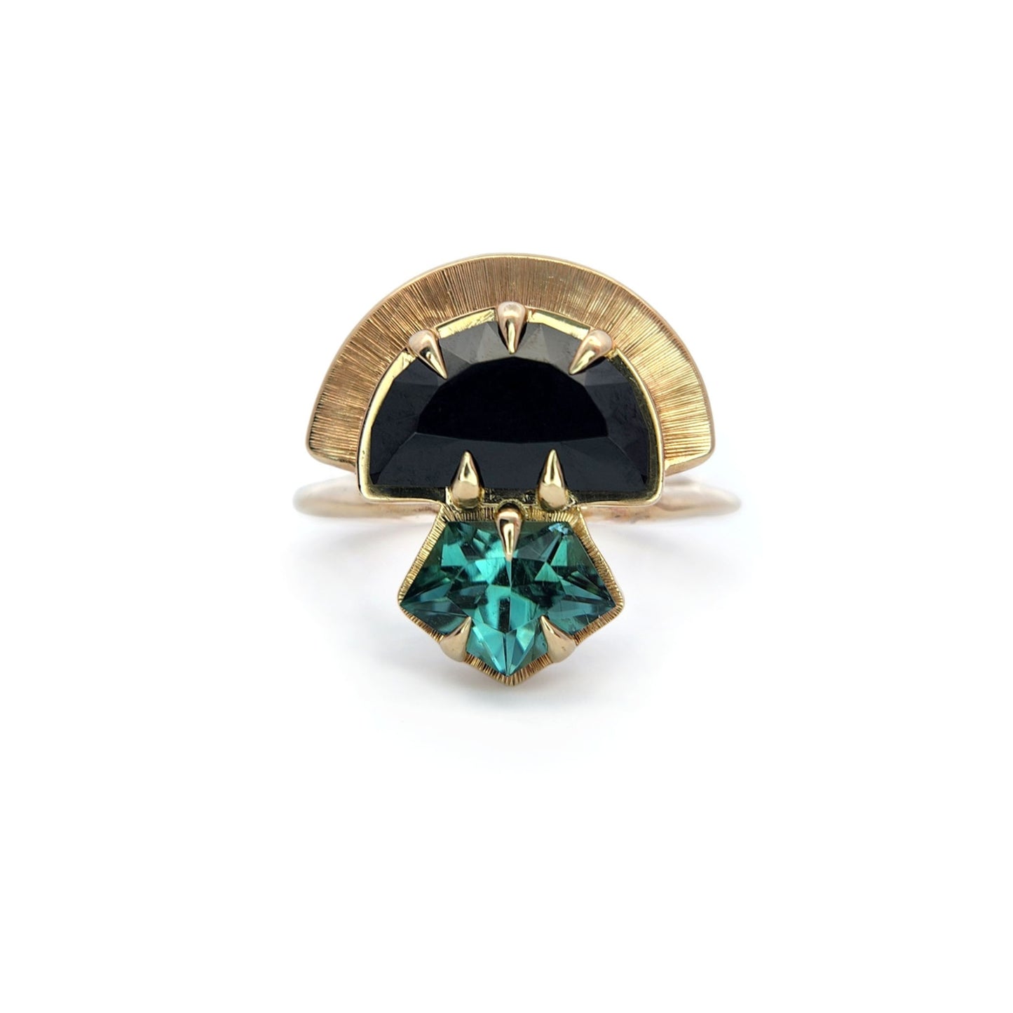 Yzma - 10k Yellow 2.52ct Black Spinel and 0.99ct Mint Tourmaline Crowned Ring