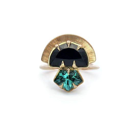 Yzma - 10k Yellow 2.52ct Black Spinel and 0.99ct Mint Tourmaline Crowned Ring