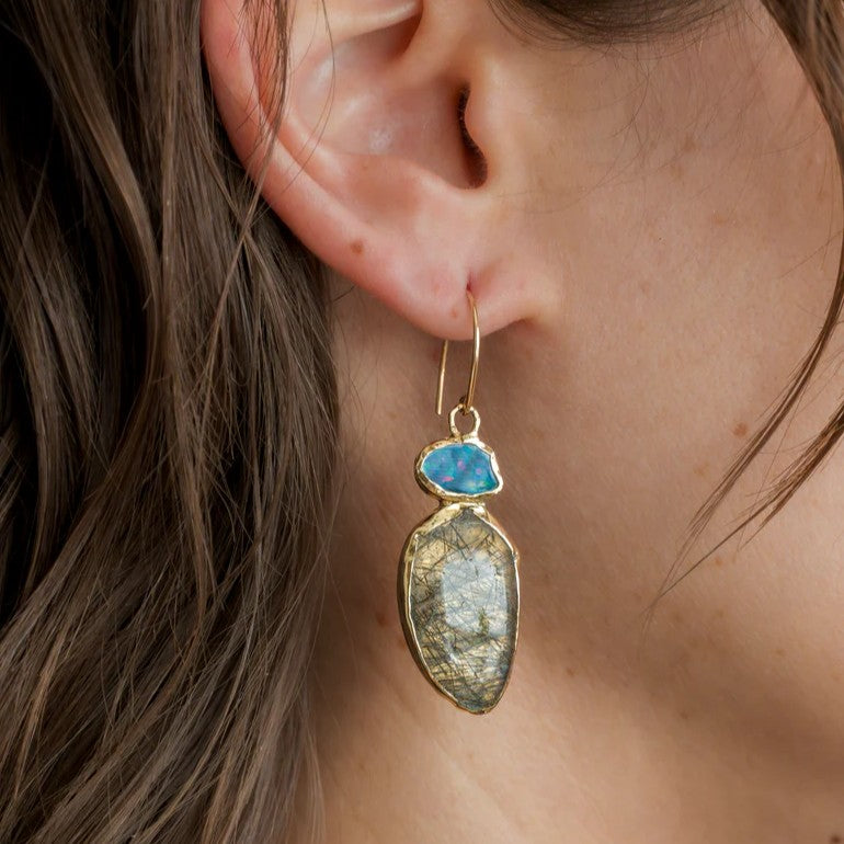 Tourmalated Quartz & Australian Opal Drop Earrings