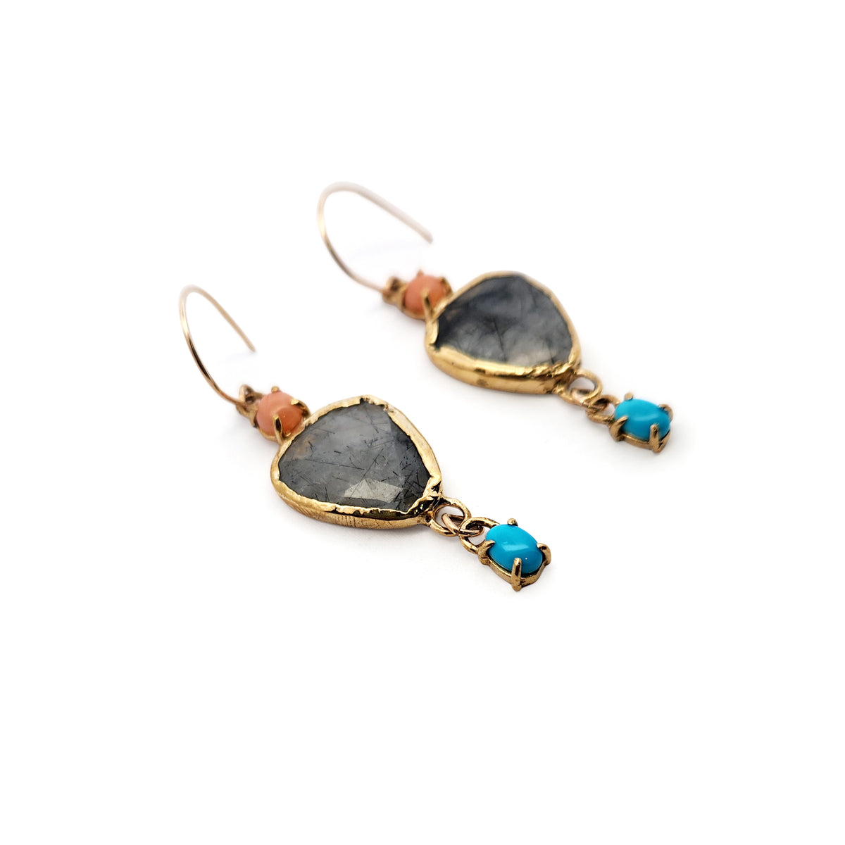 Tourmalated Quartz, Coral & Turquoise Drop Earrings