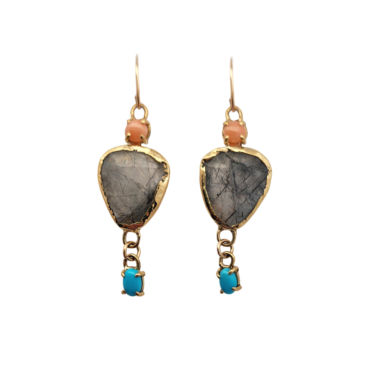 Tourmalated Quartz, Coral & Turquoise Drop Earrings