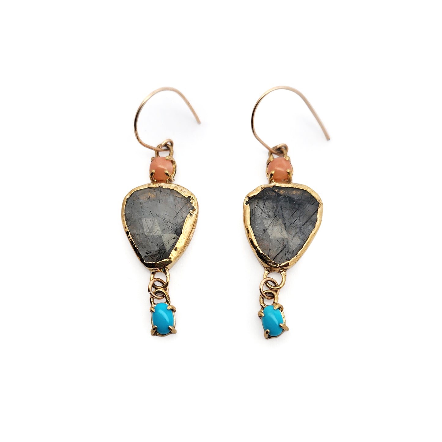 Tourmalated Quartz, Coral & Turquoise Drop Earrings