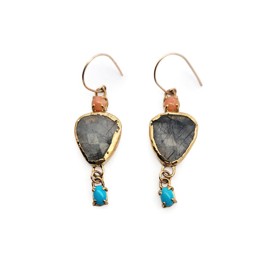 Tourmalated Quartz, Coral & Turquoise Drop Earrings