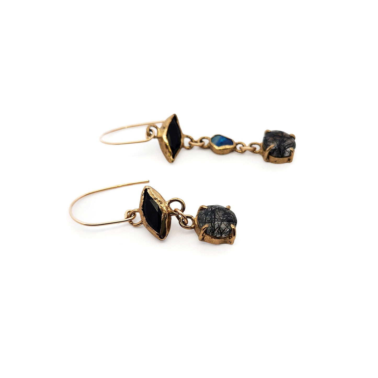 Tourmalated Quartz, Onyx & Opal Assymetric Drop Earrings