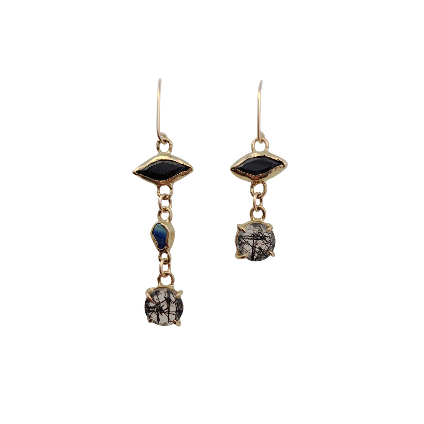 Tourmalated Quartz, Onyx & Opal Assymetric Drop Earrings