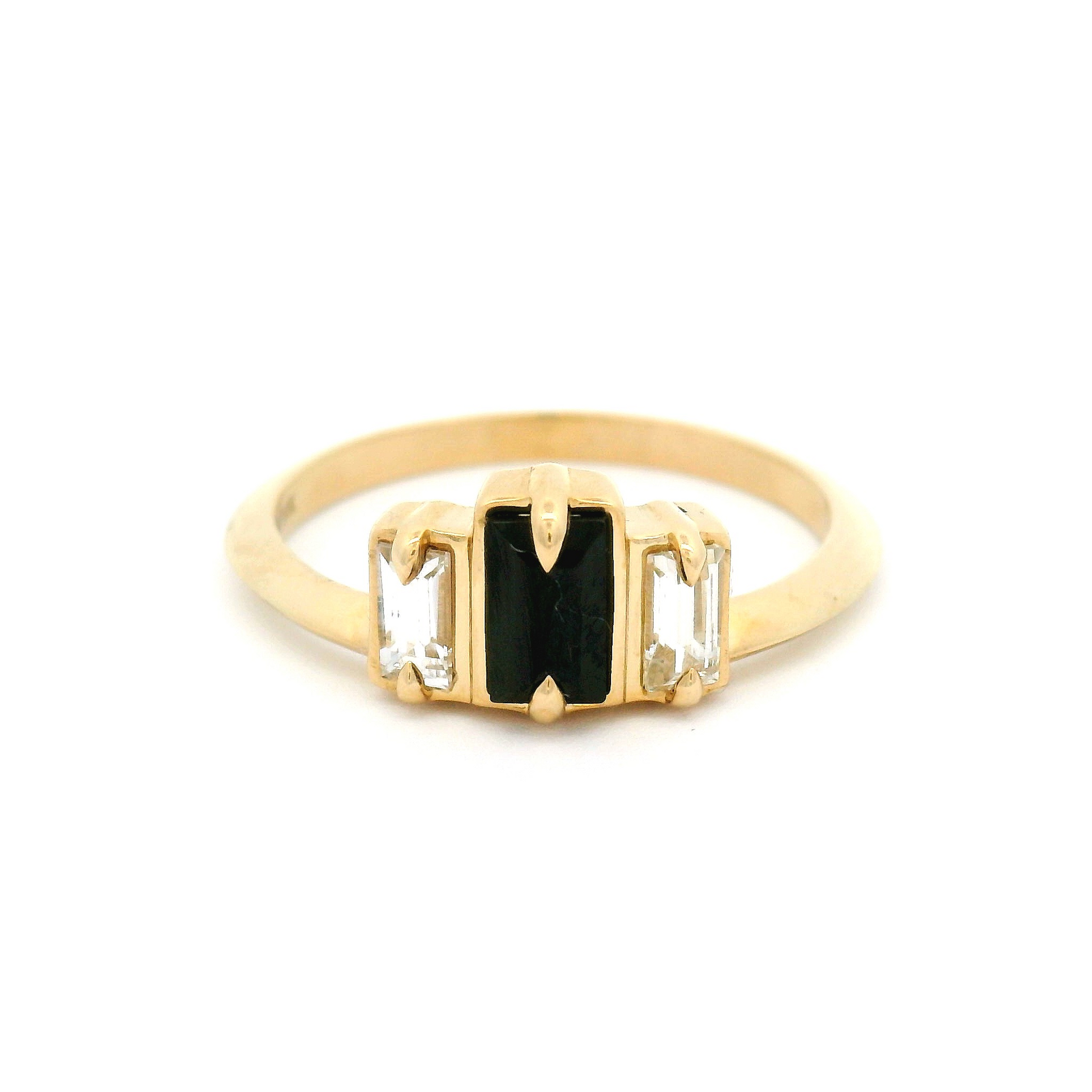 10k Yellow Three Stone Ring with 0.33ct Black Spinel and White Sapphire Baguettes
