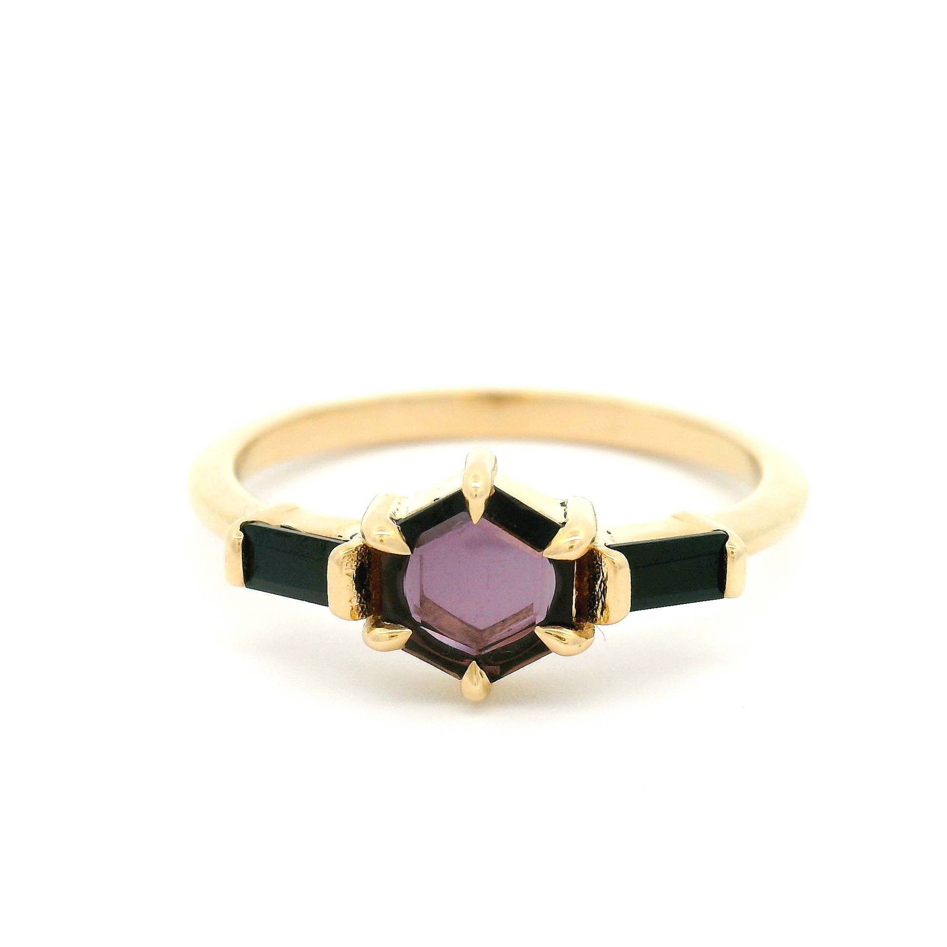 14k Yellow Three-Stone Ring with 0.43ct Purple Spinel with Accent Black Spinel Baguettes