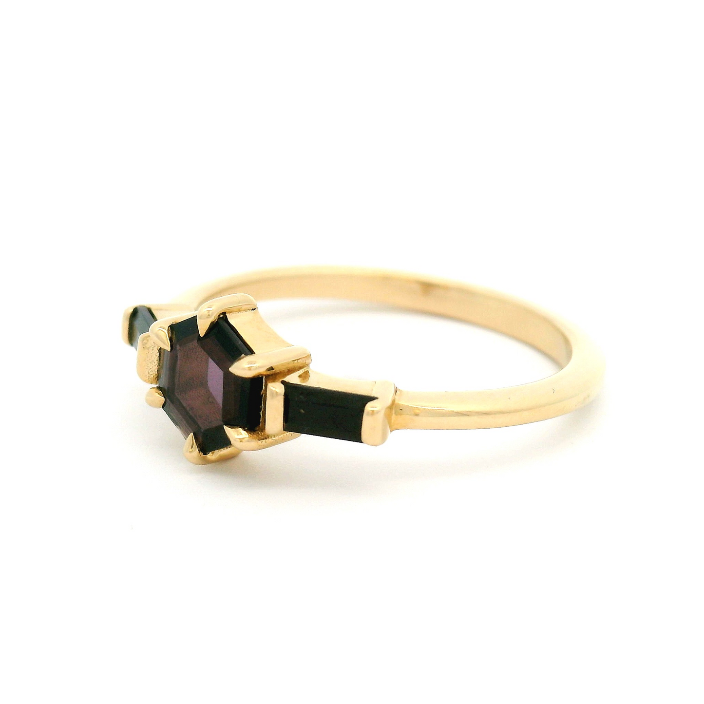 14k Yellow Three-Stone Ring with 0.43ct Purple Spinel with Accent Black Spinel Baguettes