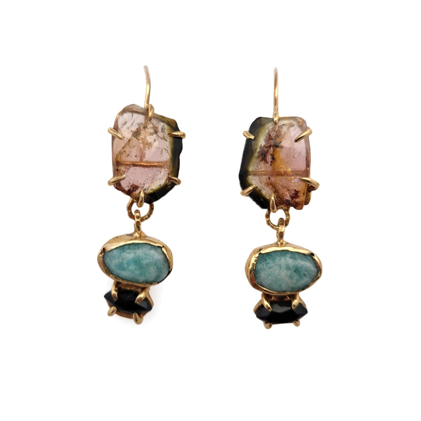 Watermelon Tourmaline, Amazonite & Onyx Drop Earrings