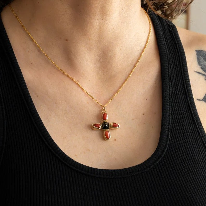 Coral & Black Spinel Pendant