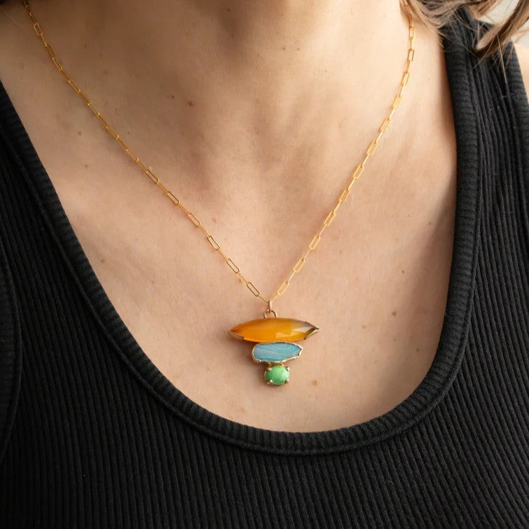 Orange Agate, Australian Boulder Opal & Green Turquoise Pendant