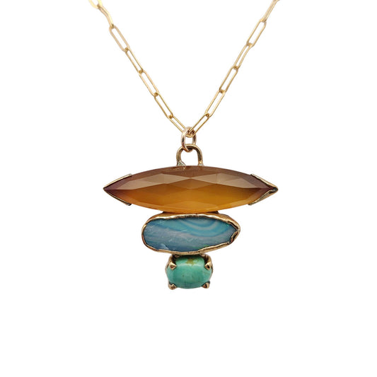 Orange Agate, Australian Boulder Opal & Green Turquoise Pendant