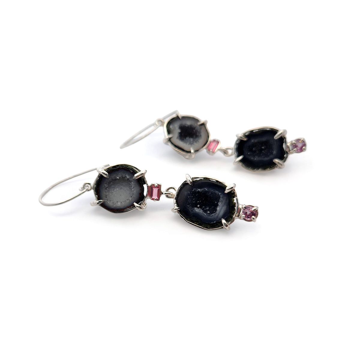Geode, Pink Spinel & Quartz Double Drop Earrings