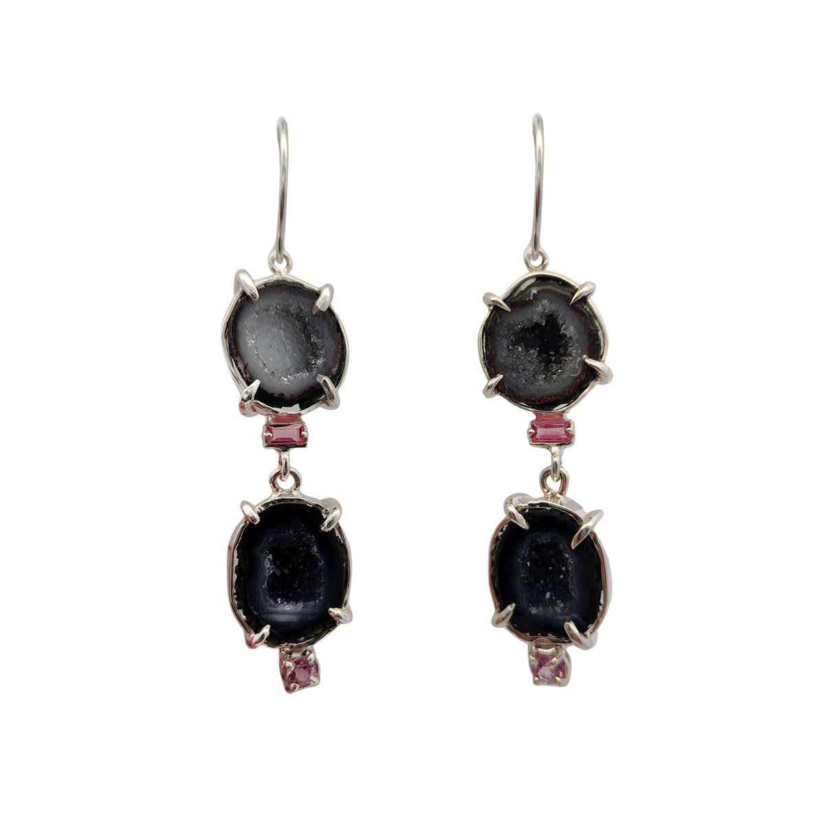 Geode, Pink Spinel & Quartz Double Drop Earrings
