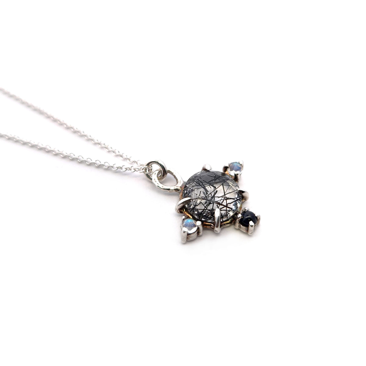 Sterling Silver Tourmalated Quartz, Moonstone & Sapphire Pendant