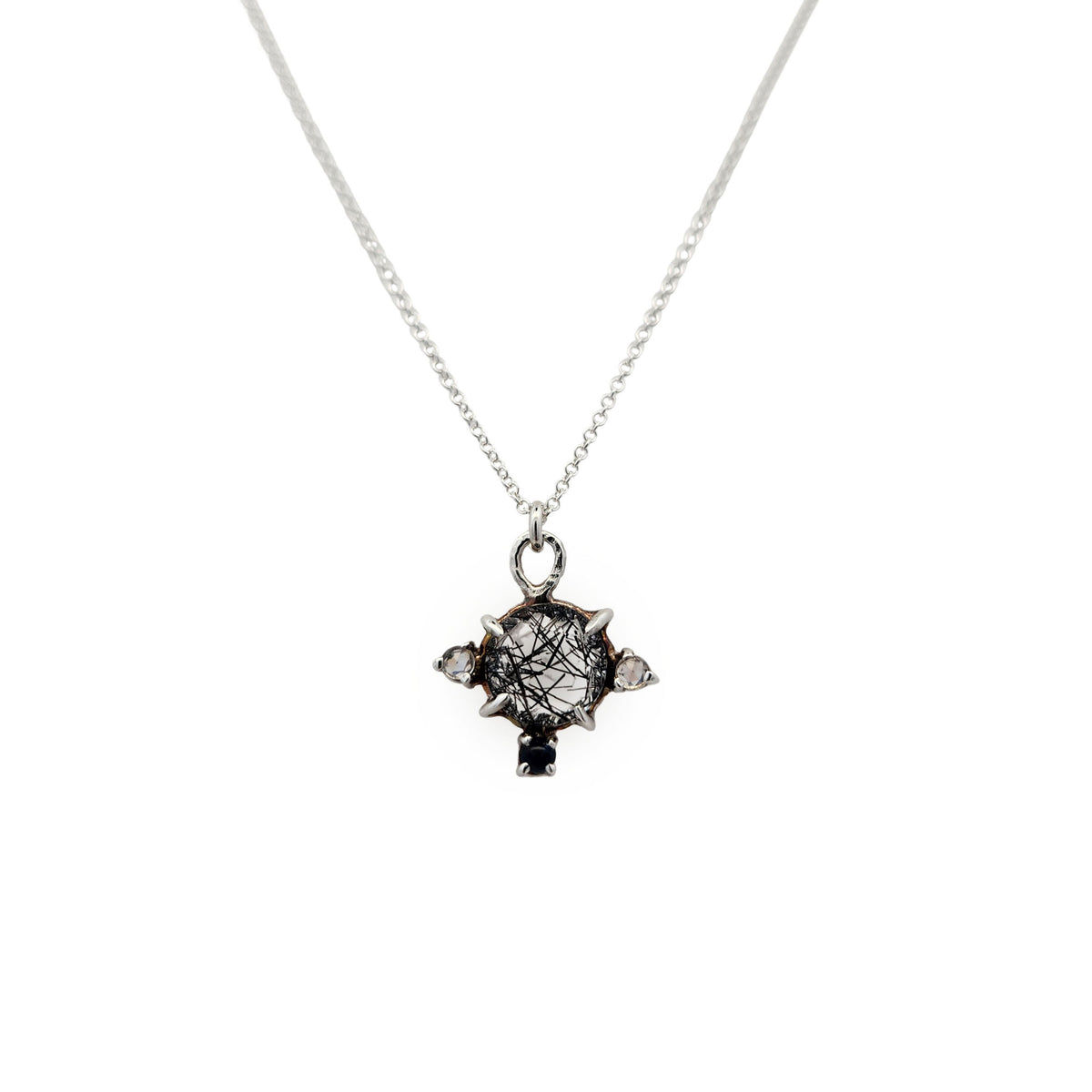 Sterling Silver Tourmalated Quartz, Moonstone & Sapphire Pendant