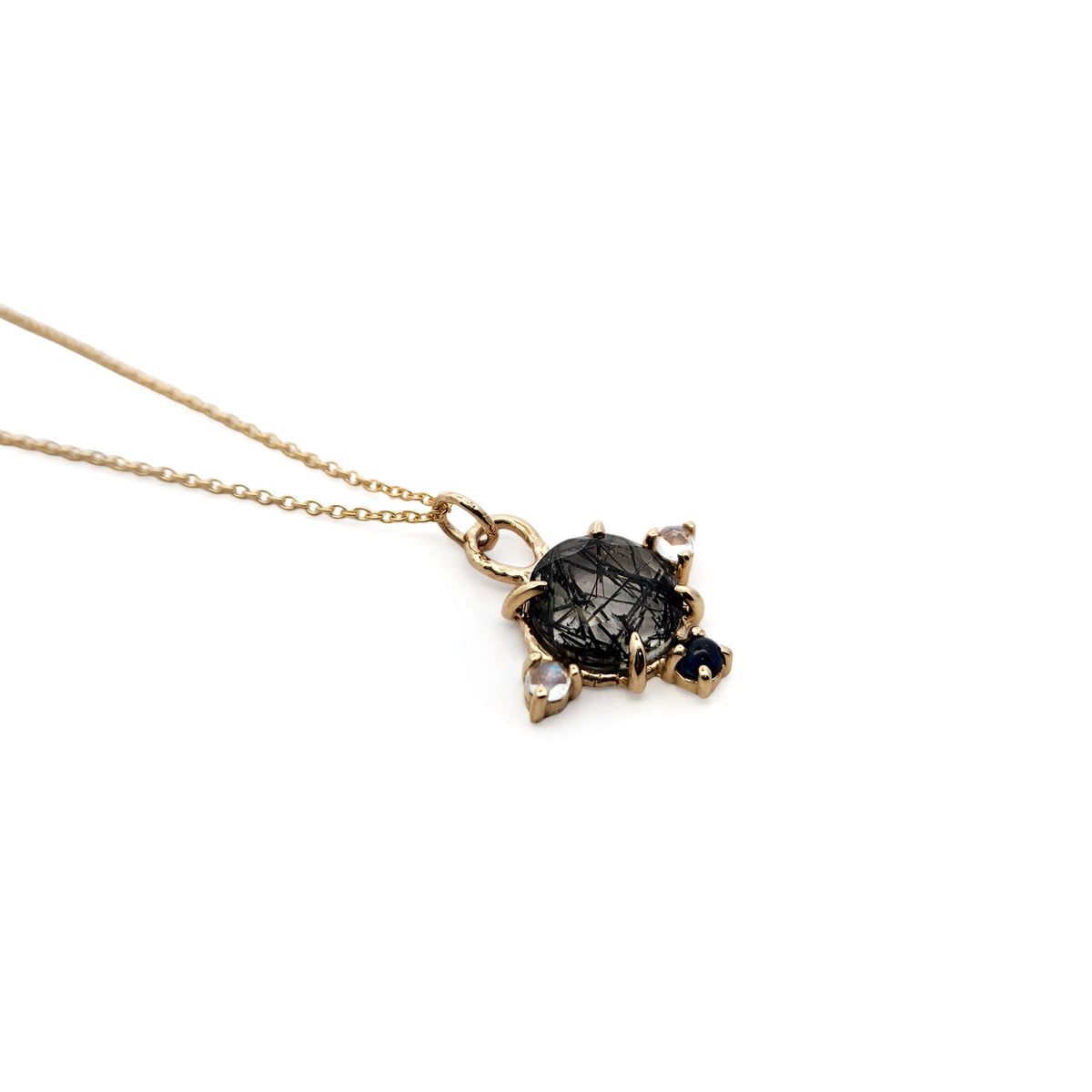 10ky Tourmalated Quartz, Moonstone & Sapphire Pendant