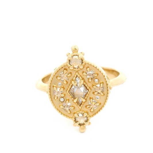 10k Yellow Engagement Ring with Rose-Cut and Brilliant-Cut White Diamonds