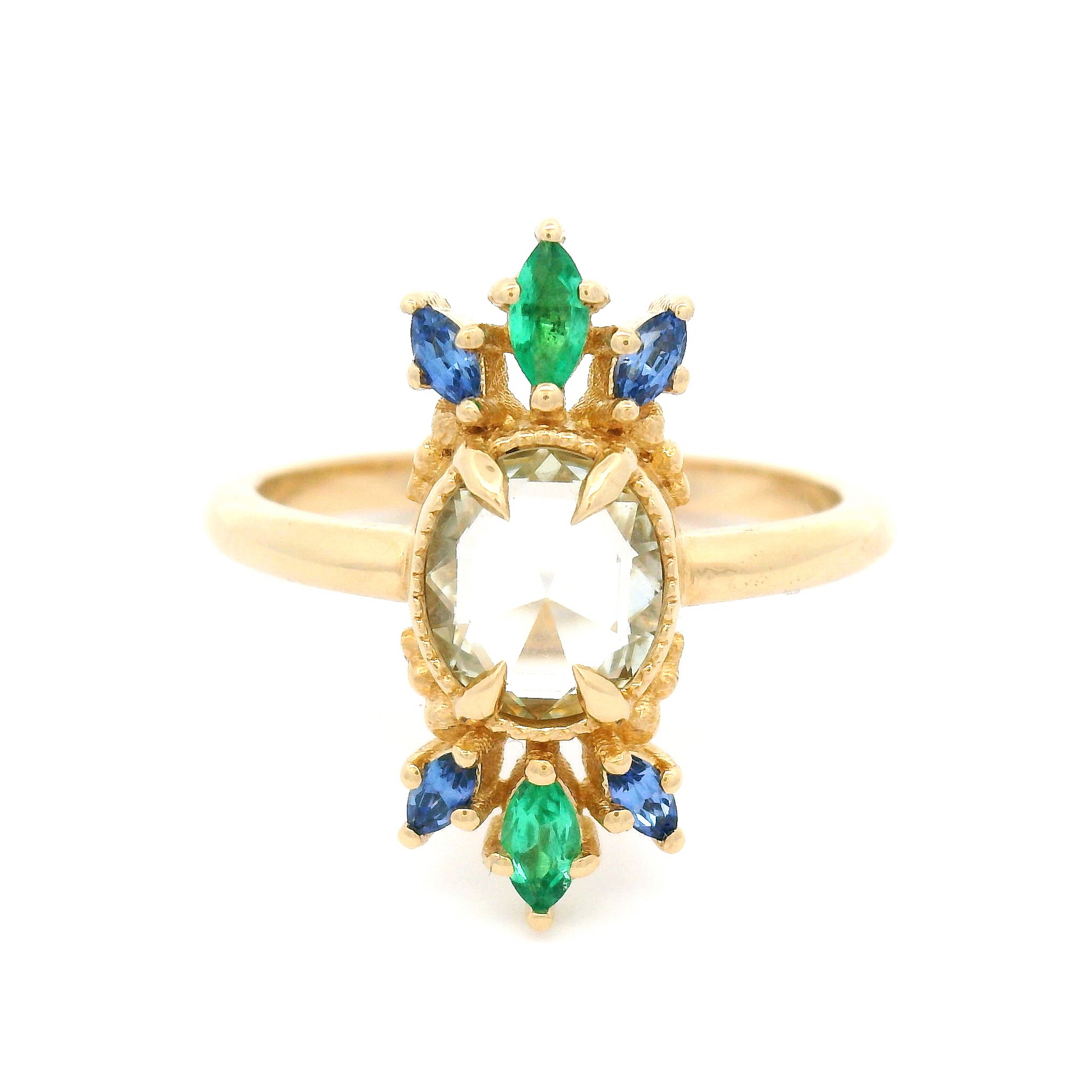14k Yellow Mulit-Stone Ring with 1.03ct White Sapphire Rose Cut with Accent Emeralds and Blue Sapphires