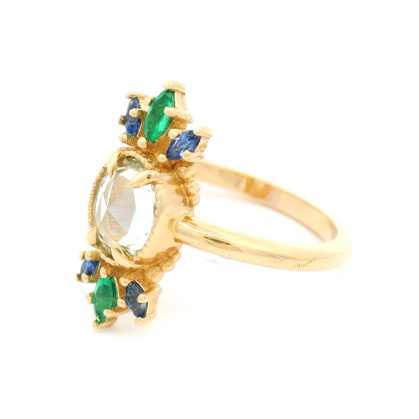 14k Yellow Mulit-Stone Ring with 1.03ct White Sapphire Rose Cut with Accent Emeralds and Blue Sapphires