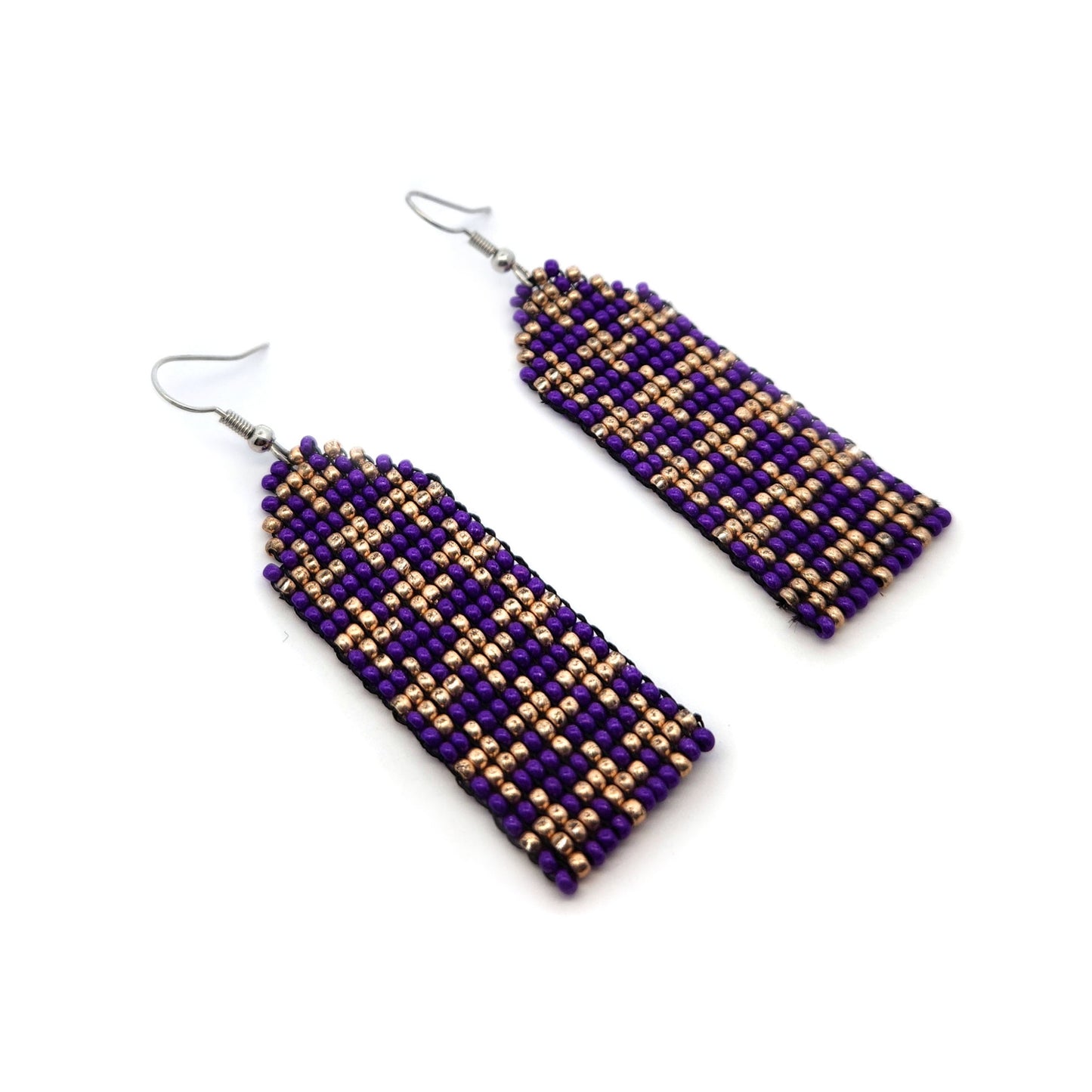 Purple & Gold Houndstooth Beaded Earrings