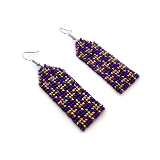 Purple & Gold Houndstooth Beaded Earrings